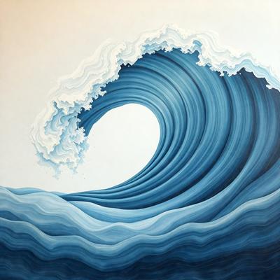 The primary subject of the image is a large, blue ocean wave. The wave is depicted in a painting or drawing, giving it a vibrant and dynamic appearance. The setting is the ocean, with the wave being the main focus of the scene. The visual style is artistic, with the wave being skillfully rendered in a way that captures its power and beauty. The colors and mood of the image are predominantly blue, creating a sense of calmness and tranquility.